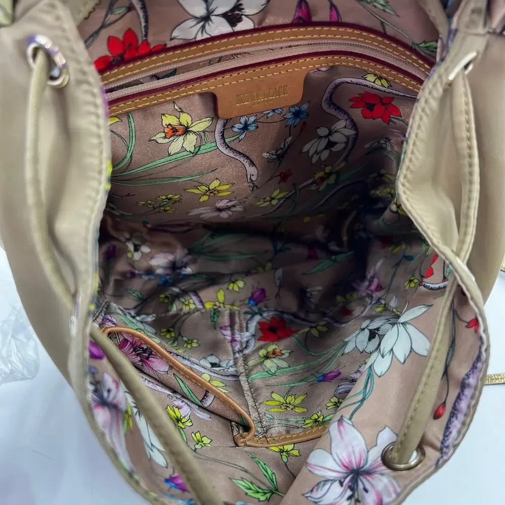 MZ Wallace Marlena Bedford Nylon Drawstring Backpack Tan Metallic Leather Trim